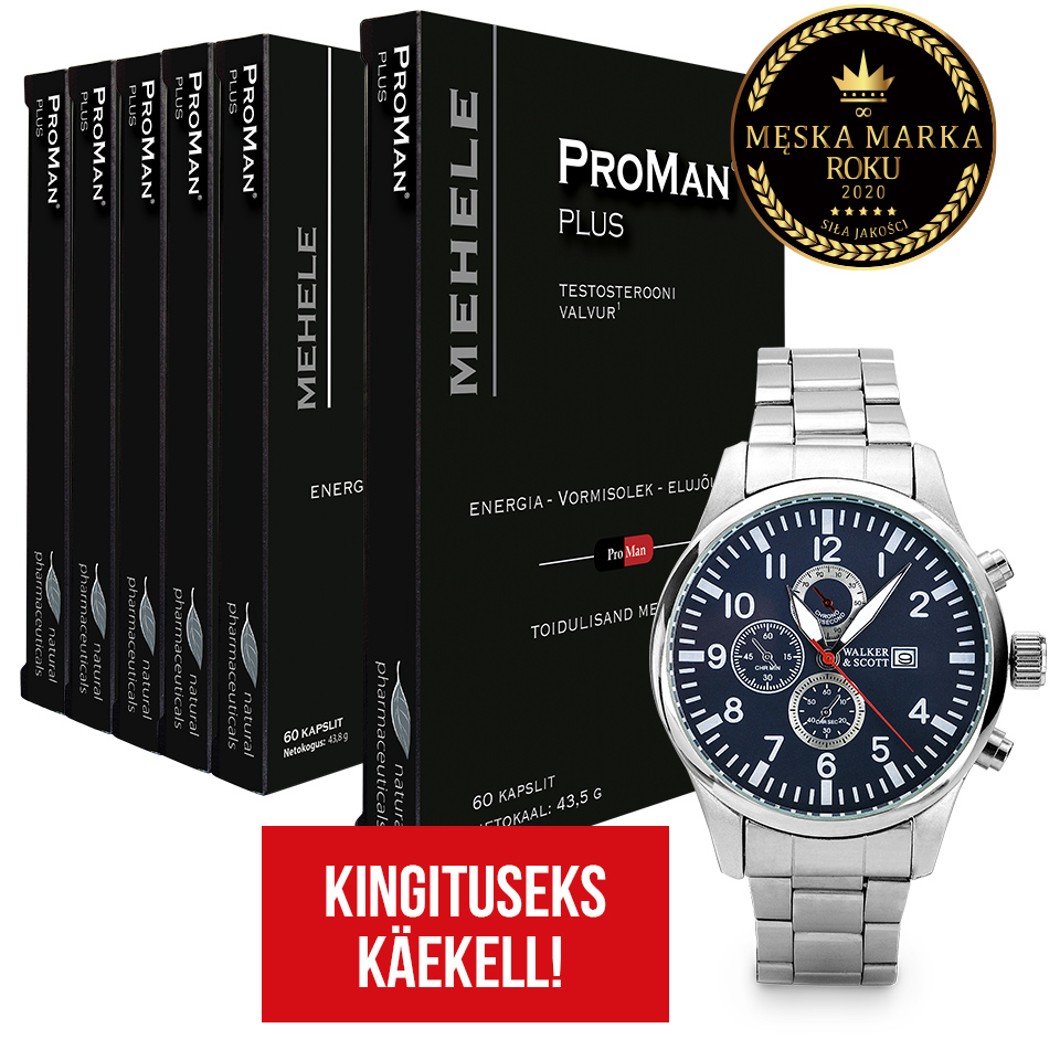 Natural Pharmaceuticals ProMan® Plus Toidulisandite komplekt meestele, mis toetab testosteroonitaset, energiat ja elujõudu. Kõrval on näha hõbedane meeste käekell Walker & Scott kingitusena. Paremas ülemises nurgas on märge Aasta Meeste Bränd 2020. All on kiri Kingituseks käekell.