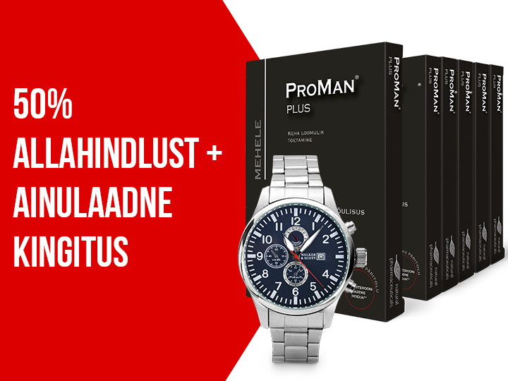 Natural Pharmaceuticals ProMan® Plus Reklaamgraafika, millel on mustas pakendis ProMan® Plus toidulisand ja Walker & Scott'i hõbedane meeste käekell. Vasakul on punane plokk valge eestikeelse tekstiga: „50% allahindlust + ainulaadne kingitus“.