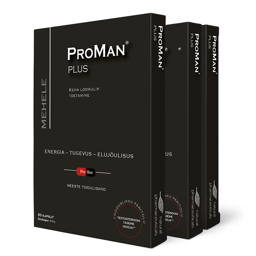 Natural Pharmaceuticals ProMan® Plus Kolm musta pakendit Natural Pharmaceuticals'i ProMan® Plus toidulisandit meestele. Pakendi esiküljel on eestikeelsed loosungid: „Keha loomulik toetamiin“, „Energia - Tugevus - Elujõulisus“, samuti teave sisu kohta: 60 kapslit.